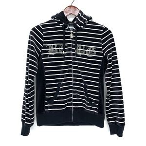 BCBG Max Azria Vintage Black & White Striped Velour Rhinestone Track Hoodie